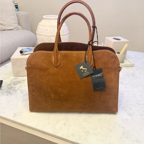 VIRAL CLAUDIA FIRENZE COGNAC SUEDE LEATHER TOTE SATCHEL BAG NWT - Picture 3 of 16